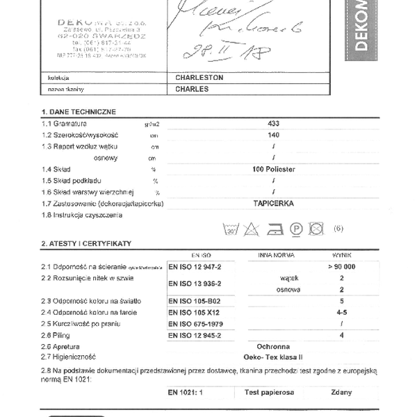 charles - oswiadczenie odpornosc swiatlo scieranie koloru